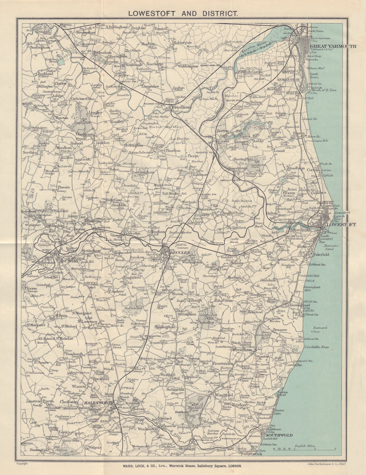 LOWESTOFT area Great Yarmouth Beccles Southwold. Norfolk/Suffolk Broads 1919 map
